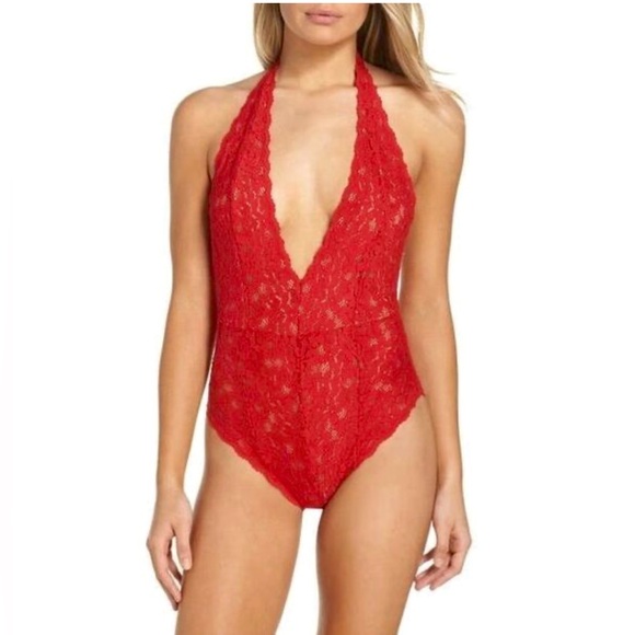 Free People Intimately Everyday Red Lace Halter Bodysuit Sz Large - Picture 3 of 13
